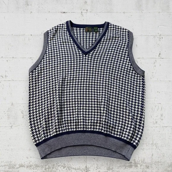 Vintage Bobby Jones Sweater Vest Mens L Blue Houndstooth Cotton Golf Preppy - Picture 1 of 8